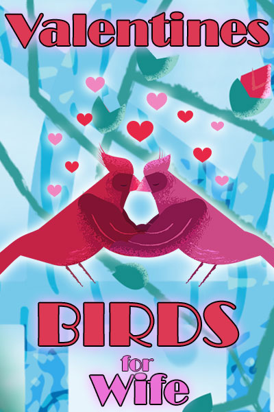 Two birds - one red, and one pink - hold each other's wings, and press their beaks together in a kiss. Little hearts dot the air above them.