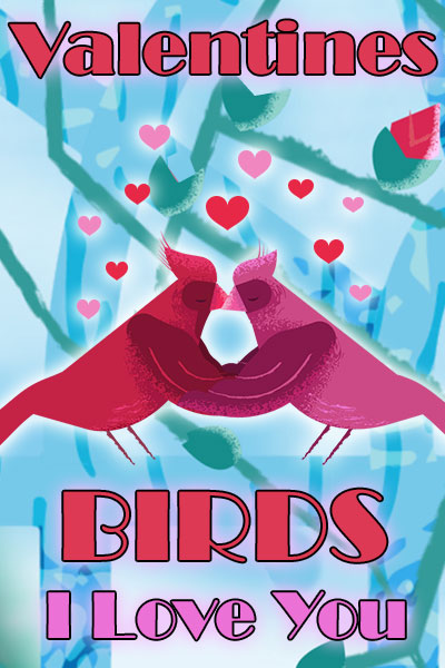 Two birds - one red, and one pink - hold each other's wings, and press their beaks together in a kiss. Little hearts dot the air above them.