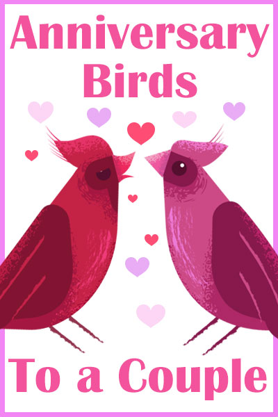 To birds gaze lovingly into each other's eyes, while little hearts float in the air around them.