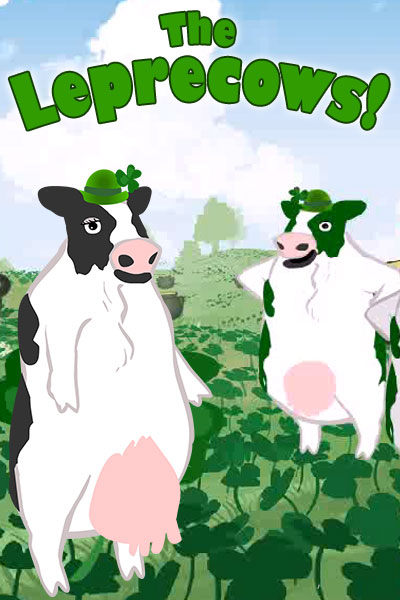 Two cows wearing green bowler hats stand in a field of shamrocks. One cow is the standard color of white with black spots, while the other cow's spots are green instead of black.