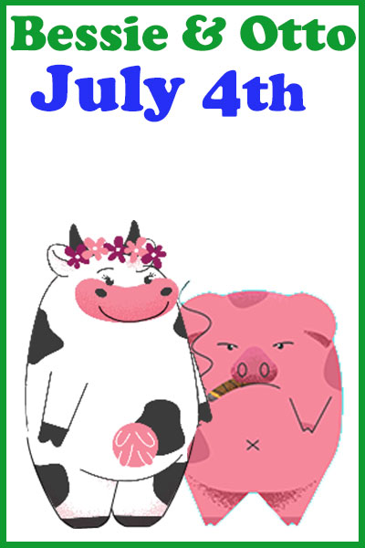 A cow and a pig stand together. The cow is wearing a flower crown, and the pig is smoking a cigar.