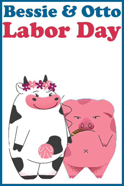 A cute cow and pig couple. Bessie the cow is wearing a flower headband, and smiling cheerfully at the viewer. Otto the pig is smoking a cigar and scowling at the viewer,
