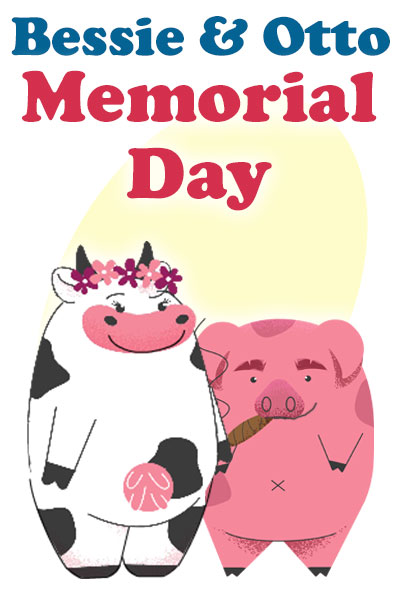 A cow and a pig stand together. The cow is wearing a flower crown, and the pig is smoking a cigar.