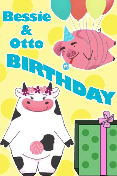 A cartoon birthday ecard featuring a cute cow, with a flower crown around her horns stands next to a big, green present. A pink pig with multiple colorful balloons tied around his waist flies above her. He is wearing a party hat, and blowing a noisemaker. The ecard title Bessie and Otto Birthday appears between them.