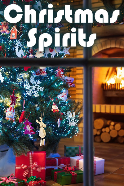 The viewer is looking through a window into a room with a festive Christmas tree in it. There are presents under the tree, and a cozy fire burning in the fireplace. The ecard title Christmas Spirits appears at the top.