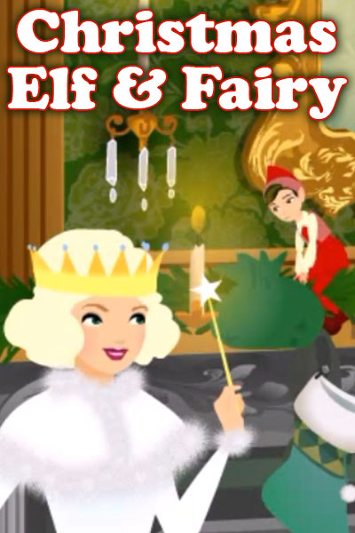 A beautiful cartoon fairy, dressed in white, wearing a gold crown and holding a wand is smiling at her companion who is perched on the fireplace mantle beside her. Her companion is a tiny elf holding a small sack filled with Christmas stocking stuffers. The ecard title Christmas Elf and Fairy is written above them. 