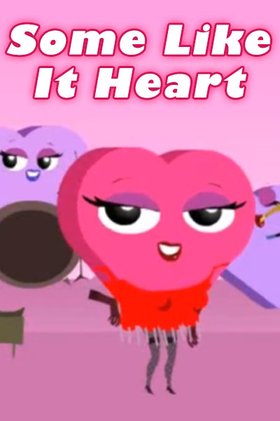 A pink heart wearing a red dress, gloves, fishnet stockings, and high heeled shoes dances in front of a band.