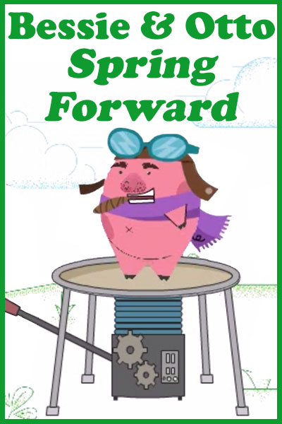 A pig is standing on a huge spring with a big smile on his face. He is wearing an aviator cap, goggles, and a scarf, and is smoking a cigar.