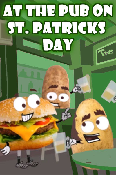 The thumbnail image for this funny St Patricks Day ecard shows the interior of a pub, where a cheeseburger meets several potatoes, who all lift their pints to salute the burger.