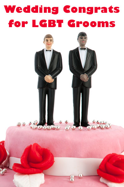 A wedding cake. The cake toppers are two tuxedo-wearing grooms.