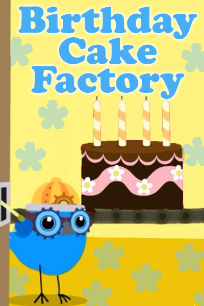 A free birthday card with a thumbnail featuring an adorable bluebird wearing safety goggles, and a hard hat poses next to a lovely chocolate cake that he helped produce. The ecard title Birthday Cake Factory is written above.