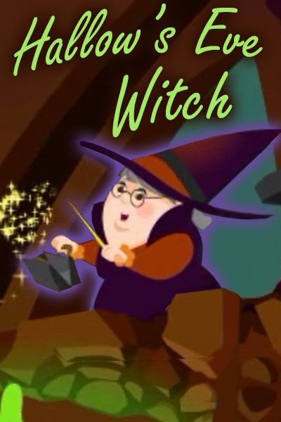 A witch stands over her cauldron, waving a magic wand over her purse. Her magic glitters through the air.