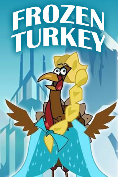 A turkey in a blue gown dances in an ice castle.