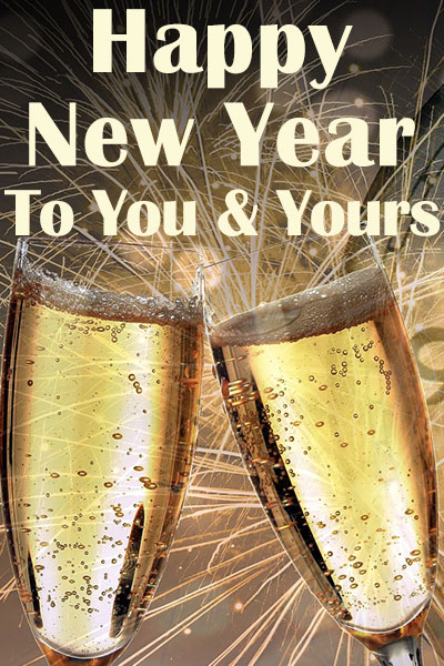 Two champagne flutes full of bubbly clink together. There are fireworks going off in the distance. The ecard title Happy New Year To You and Yours is written above the glasses.