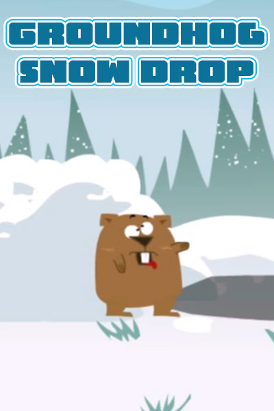 A cute groundhog stands outside of his burrow, and points to his shadow, which is clearly visible in the snow.