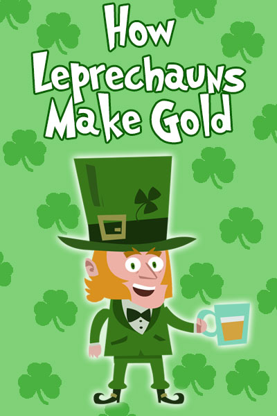 A wee little leprechaun, wearing green from the top hat on his head, all the way down to the pants that are tucked into his gold-buckled boots. He is raising his glass to salute the viewer, and smiling cheerfully.