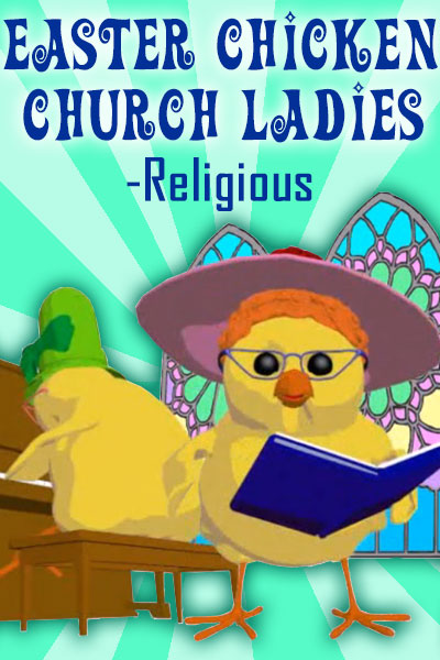 Two baby chickens are in a church. One is standing, and holding a book in its hands, and wearing a straw hat, and cat-eye glasses. The other chick we see from behind because it is playing an organ.