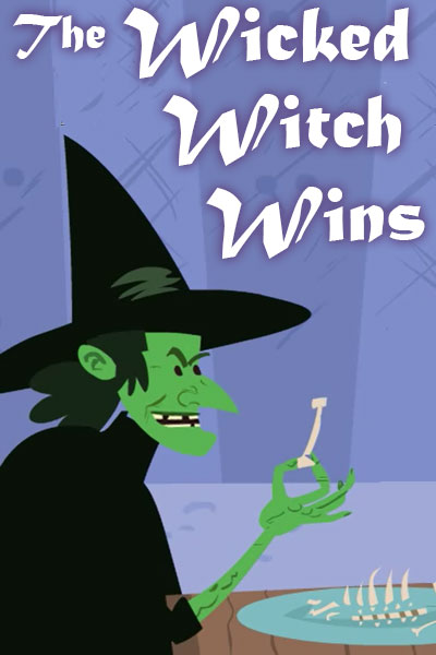 The wicked witch - a green skinned woman in a pointy witch hat and black robes - stands in front of her cauldron. An assortment of bones are floating in the cauldron.
