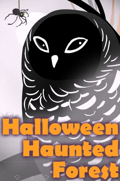 A spooky illustration featuring an owl. It is watching a small spider descend from a tree branch.