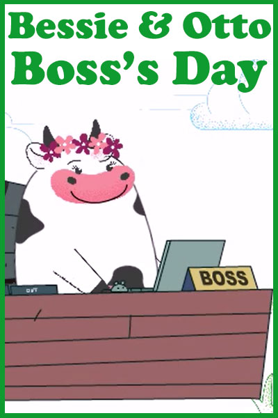 A cheerful cow sits at a desk. She is wearing a flower crown. and grinning broadly. The nameplate on her desk says 'Boss.'