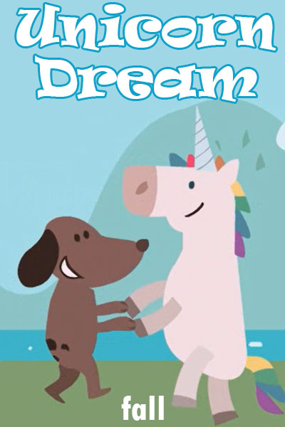 A unicorn with a colorful mane and tail dances with a brown puppy. 