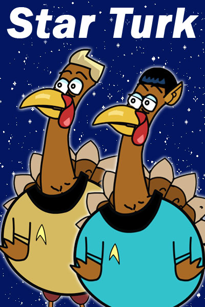 Two turkeys dressed as Captain Kirk, and Spock from the popular television show Star Trek.