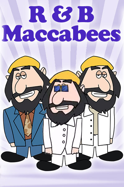 Three Maccabees wearing over-sized suits and berets. 