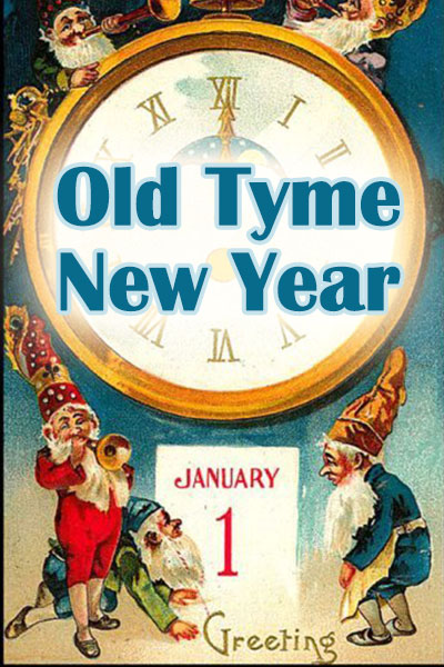 Old fashioned artwork showing multiple elves. Several elves are blowing horns, others are examining the date on a calendar, and the ecard title Old Tyme New Year is written on top of a clock face.