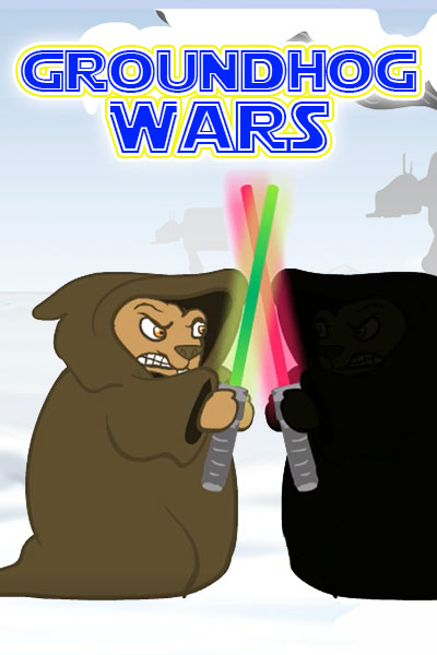 A groundhog wearing a flowing, hooded robe, and holding a lightsaber. 
