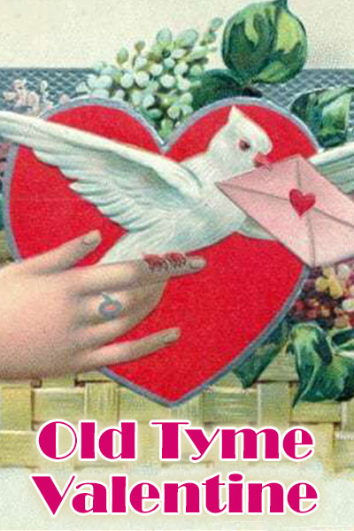 An old fashioned collage of a hand releasing a dove. The dove is holding a Valentine's envelope in its beak. This is layered over a heart. There is a basket of flowers behind the heart.