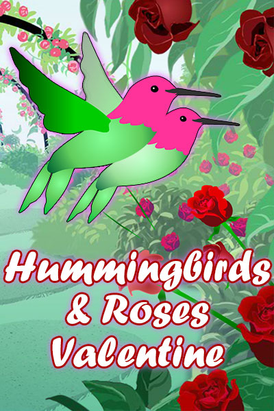 Two beautiful hummingbirds fly together among roses and other greenery.