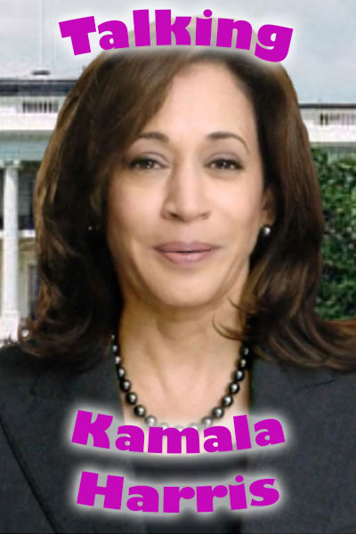 A smiling Kamala Harris with the White House in the background. The ecard title Talking Kamala Harris is written in the foreground.