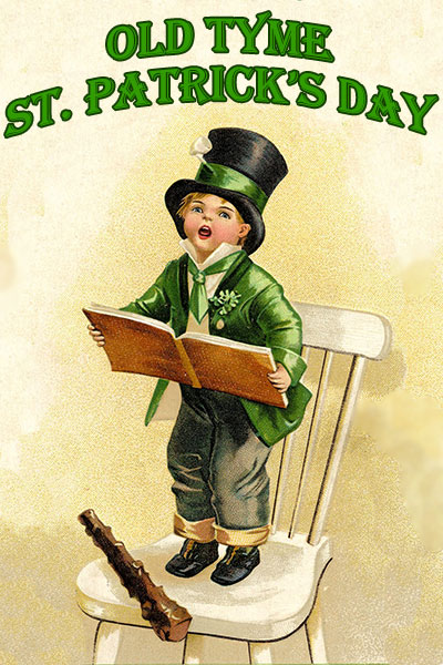 A child stands in a chair in the preview image for this traditional St Patricks Day card. He's wearing a black top hat with a green ribbon, a green suit jacket, and dark pants. He's holding an open book, and there is a wooden club in the chair at his feet.