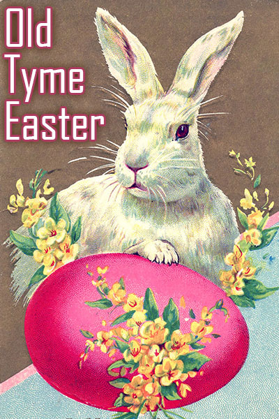An old fashioned illustration of a bunny. He is posing with his front paw on an Easter egg decorated with yellow flowers.