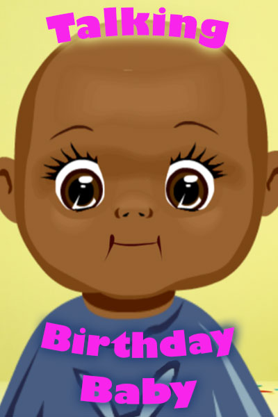 An adorable, wide-eyed black infant, with the ecard title Talking Birthday Baby written around it.