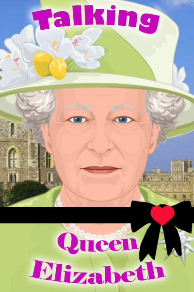 An illustrated image of Queen Elizabeth wearing a lovely green outfit, and a hat that is decorated with white flowers. There is a black ribbon with a bow and red heart at the bottom of the thumbnail as a symbol of mourning following her passing.