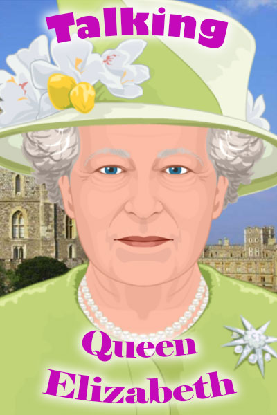 An illustrated image of Queen Elizabeth wearing a lovely green outfit, and a hat that is decorated with white flowers. There is a black ribbon with a bow and red heart at the bottom of the thumbnail as a symbol of mourning following her passing.