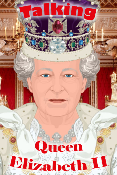 An animated ecard of Queen Elizabeth wearing a crown. There is a black ribbon with a bow and red heart at the bottom of the thumbnail as a symbol of mourning following her passing.