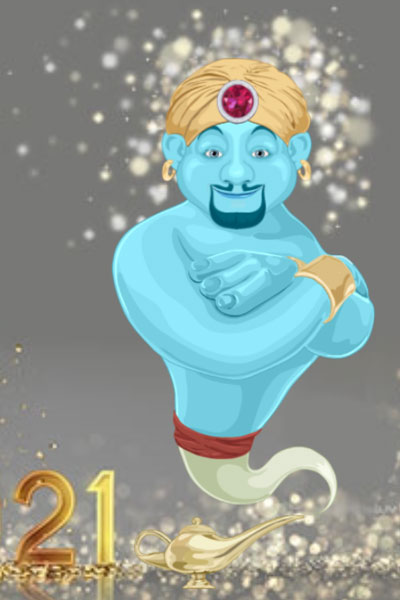 A blue genie emerging from a golden lamp, surrounded by sparkling magic.