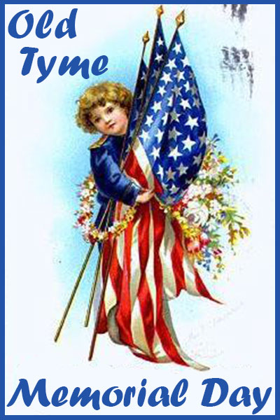 An old fashioned illustration of a cherubic youth. The child is holding a flower garland, and has several flag poles in their arms. Each flag pole bears an American Flag.