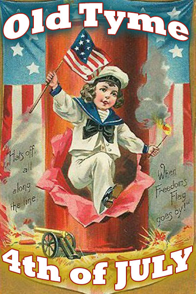 A child in a sailor outfit bursting through an American flag poster. He's waving  a flag with one hand, and holding a sparkler with the other.