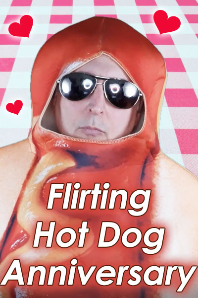 A man in a hot dog costume, and aviator sunglasses.