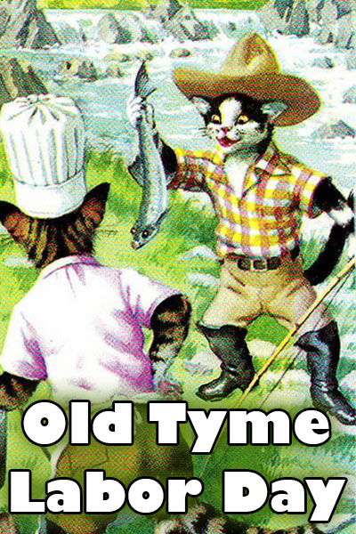 A very old fashioned illustration of a cat wearing a wide brimmed sun hat, plaid shirt, yellow trousers, and knee high rubber boots. He has caught a fish, and is eagerly showing it off to another cat wearing a chef's uniform.