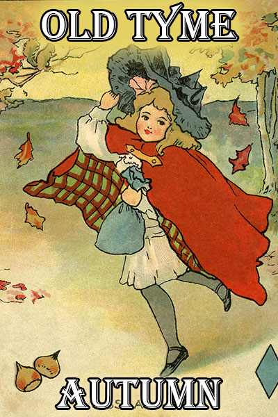 A girl is skipping along with a small sack in her hands. There are autumn leaves falling around her.