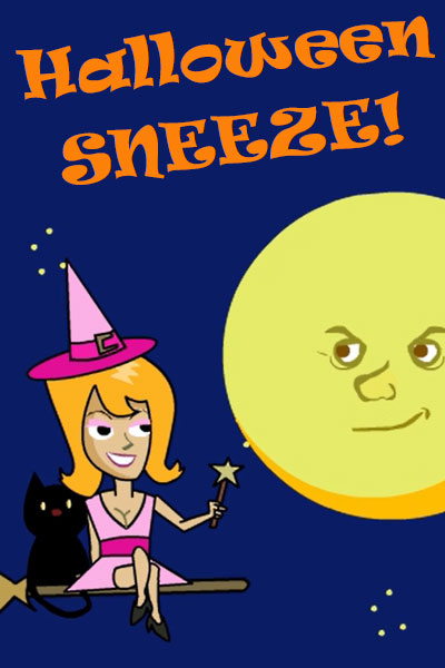 A moon looks at a witch on a broomstick, who is accompanied by her cat, and waving a magic wand through the air.