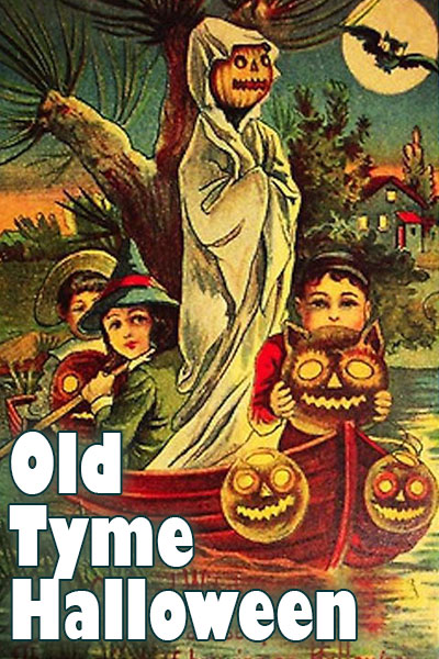A small rowboat carries several children, and a spooky figure down a river. The kids are wearing old fashioned Halloween costumes. The creepy figure in the boat with them has a pumpkin head, and is wrapped in a sheet.