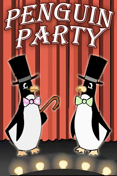 Two dapper looking penguins are on a stage in front of a red curtain. They are wearing bow ties, and top hats, and one is holding a cane. The name of this character birthday card - Penguin Party is written at the top of the thumbnail.