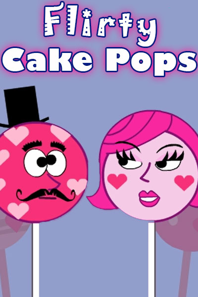 A dark pink cake pop with a top hat, mustache, and hearts all over his face, and a light pink cake pop with short pink hair, long eyelashes, and blushing hearts on her cheek.She gives him a flirty look, and his eyes cross. 