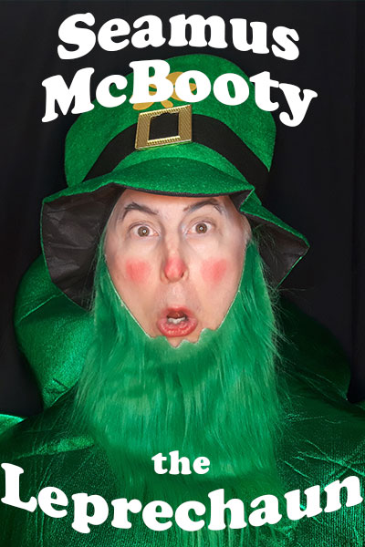 A man dressed as a leprechaun, with a green beard and top hat. He looks surprised.