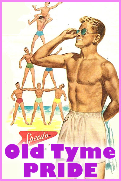 An old fashioned illustration. A shirtless man wearing swim trunks is in the foreground. In the background several other men are standing with arms linked to form a pyramid. The man on the top of the pyramid has a man on his shoulders.